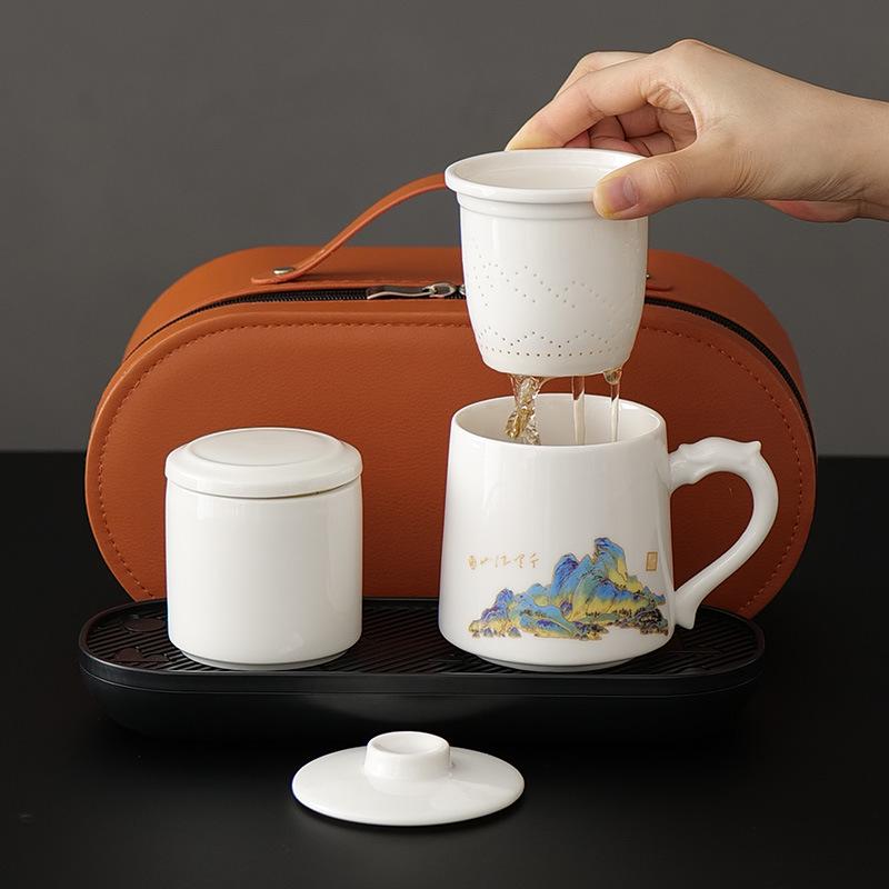 Jade White Porcelain Tea Cup with Water Separator - Large Capacity, Personal Use, High-End Office Mug for Tea Brewing