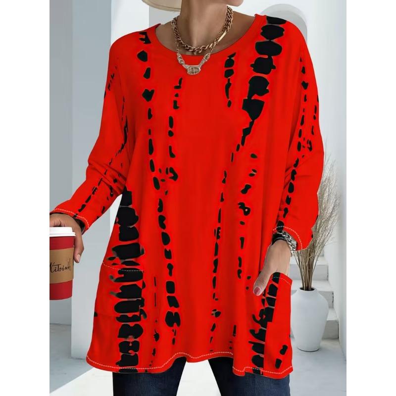 Western Autumn Winter New Women'S Printed Color-Block Pocket Long Sleeve T-Shirt