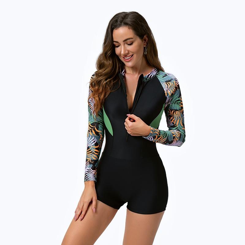 

European and American Fashion Women s Tight and Comfortable Popular Long-sleeved Zipper Flat-angle Diving Waist Integrated Swimsuit XXL