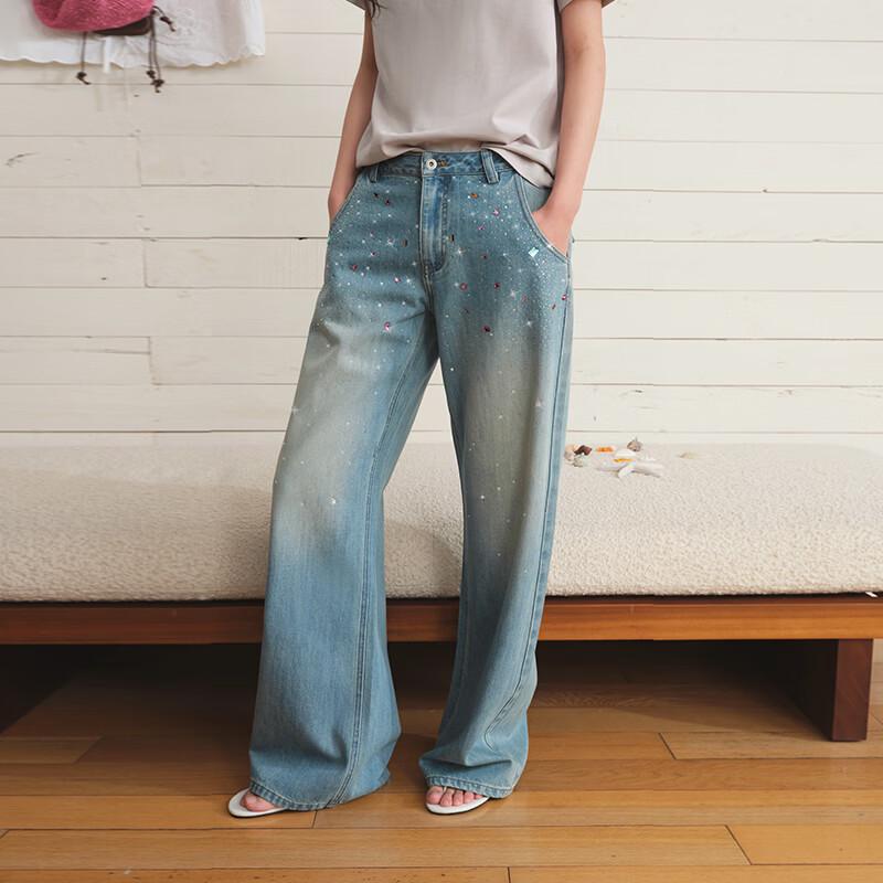 GREEN BELT Women's Blue Rhinestone Distressed Straight Jeans