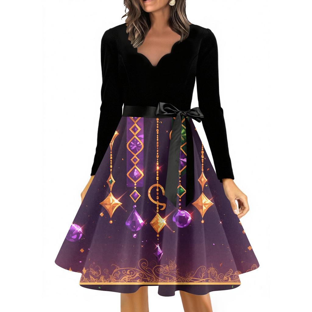 Women's Casual Fashion V Neck Long Sleeve Printed Vintage Long Dress