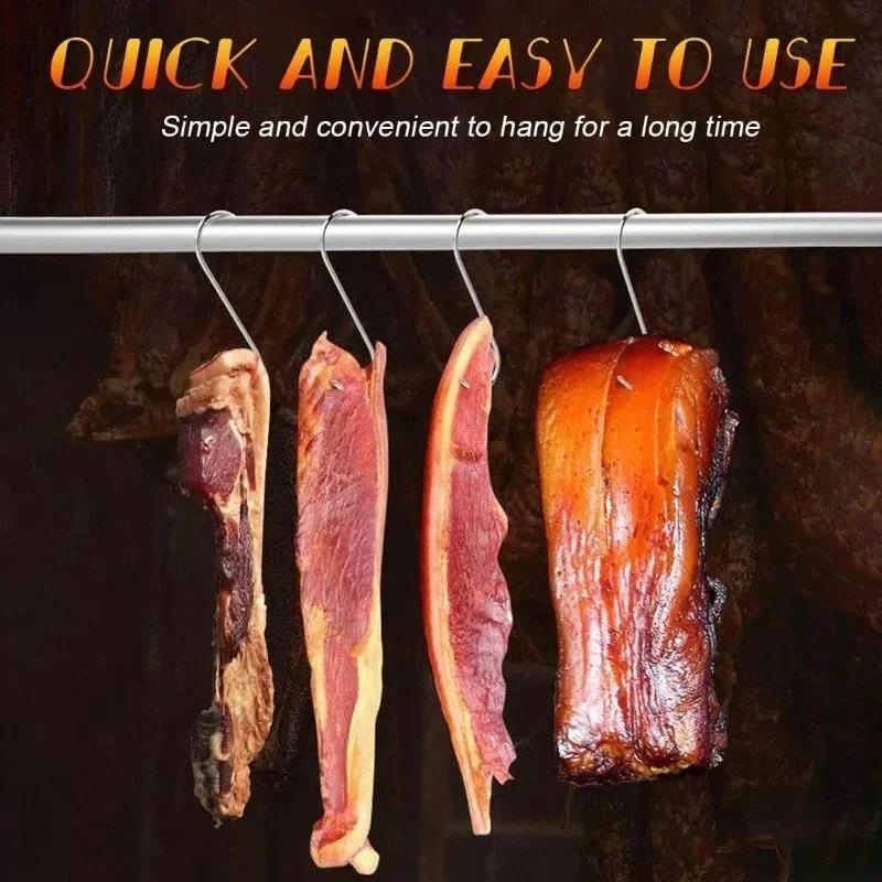 50/10PCS Stainless Steel S Hooks with Sharp Tip Kitchen Meat Hanging Hook Hangers BBQ Bacon Hams Smoker S Shaped Hooks Gadgets
