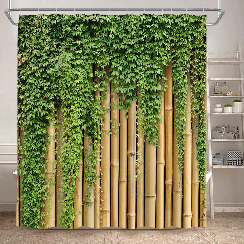 Vintage Brick Wall Green Leaves Shower Curtains Rustic Vine Plant Leaf Grey Stone Polyester Fabric Bathroom Curtain Decorative