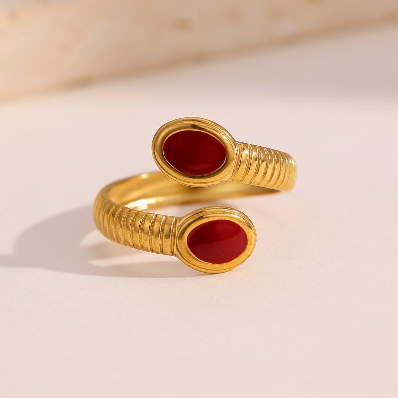 Vintage Red Enamel Oil Drip Open Rings for Women Stainless Steel Gold Color Irregular Textured Geometric Ring Jewelry