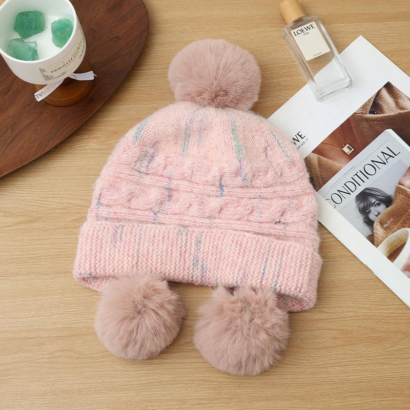 Hat for Women In Autumn and Winter Casual Versatile Tie Dye Wool Hat Outdoor Plus Velvet Thickened Cold Warm Hat Cute Fur Ball Hat