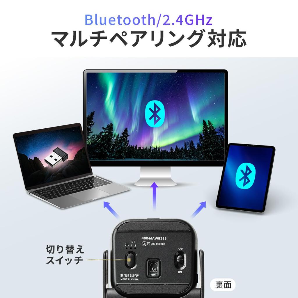 Sanwa Direct Mini Wireless Mouse, Detachable, Bluetooth2.4GHz, Multi-Pairing, 4 Buttons, Rechargeable, DPI Adjustment, Slim Design, 400-MAWB235