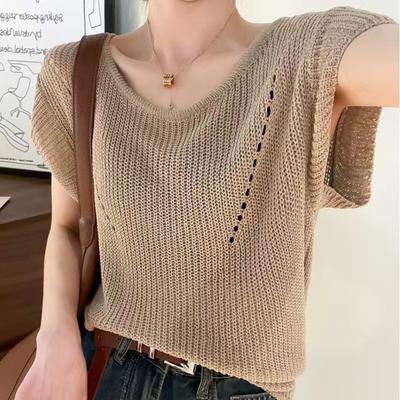 Fashion Thin Section Hollowed Out Knit Shirt Short-sleeved Women T-shirt Summer Back Tie Short Section Tops Casual Essential Slim Fit Pullovers Tees