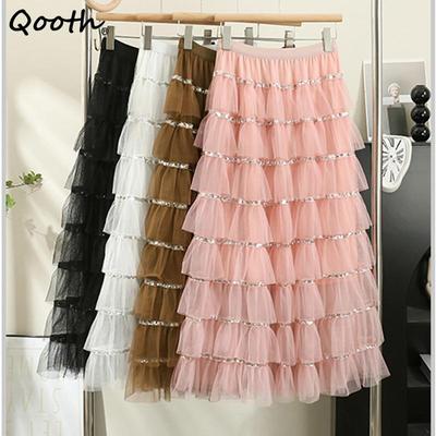 Women Sweet Princess Fairy Patchwork Gentle Sequin Tulle Cake Pleated Maxi Skirt Elastic Waist Mesh A-line Skirt  QT2419