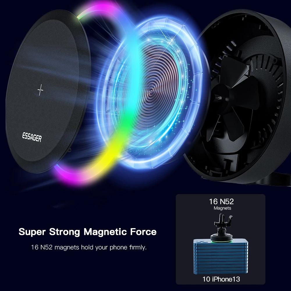 Essager RGB Car Phone Holder Qi 15W Macsafe Wireless Charger Car For iPhone 14 13 Samsung Universal Phone Holder Stand