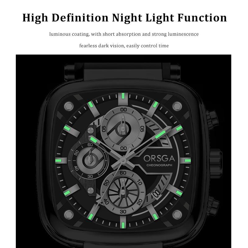 Mens Square Chronograph Watches Waterproof Luminous Quartz Wrist Watch with Silicone Strap