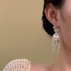 Silver Needle Tassel Pearl Earrings - Elegant Court Style Studs, Exquisite Round Design, Luxurious High-End Jewelry.