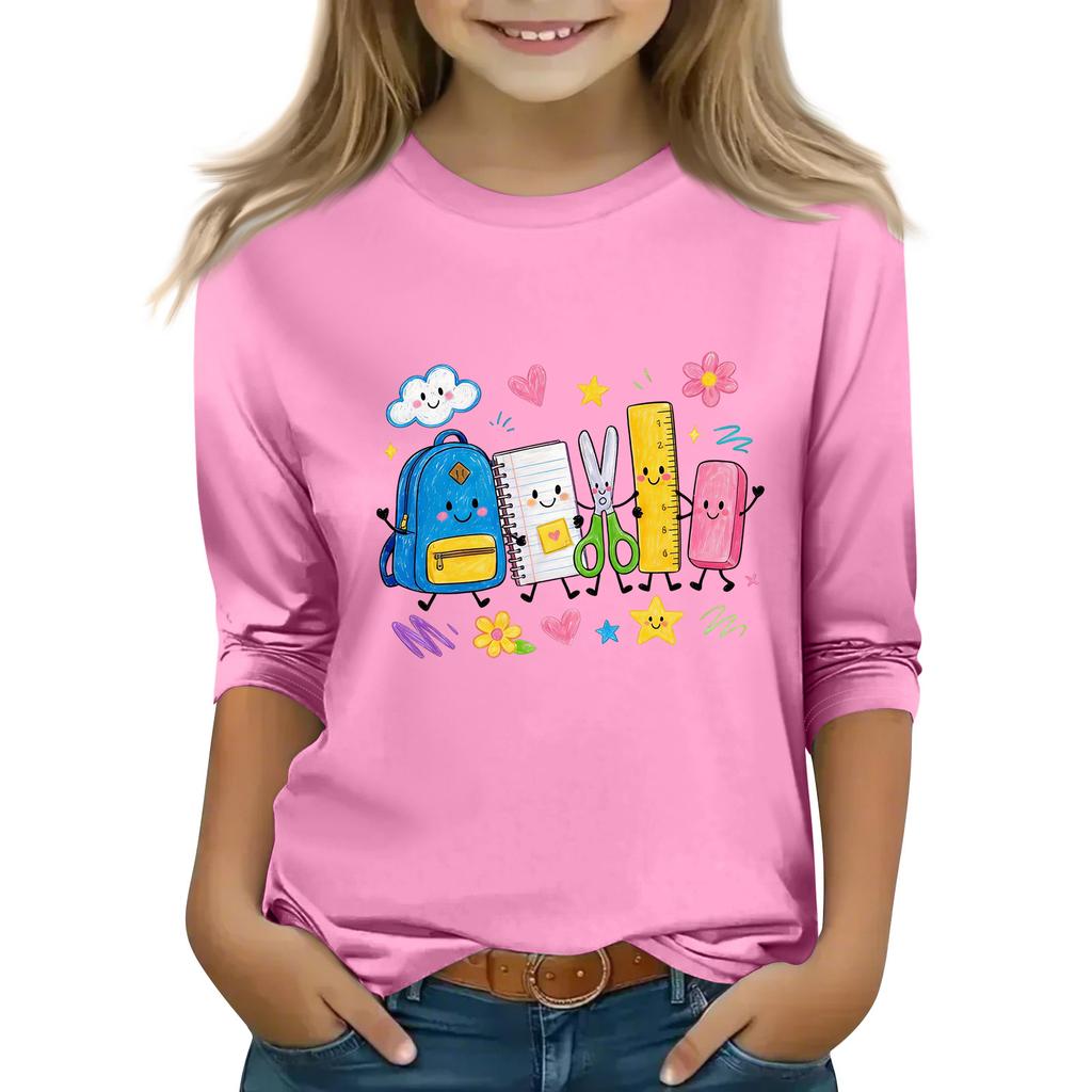 Kids Casual Printed Round Neck 3/4 Sleeve Top for Back to School