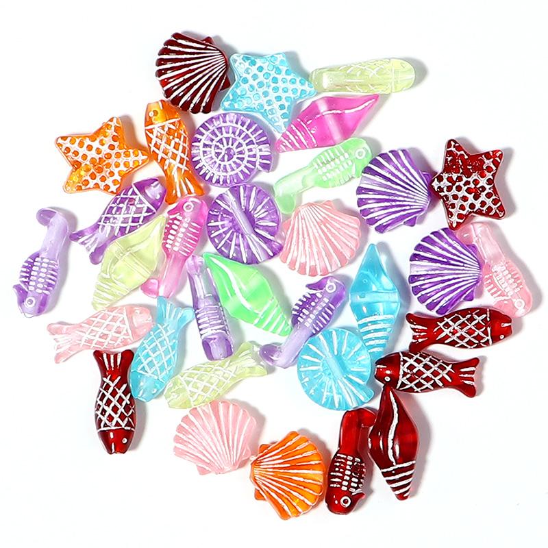 100pcs/Lot Acrylic Ocean Series Beads Mixed Seahorses Starfish Charm Bead for DIY Bracelets Necklaces Jewelry Making Supplies