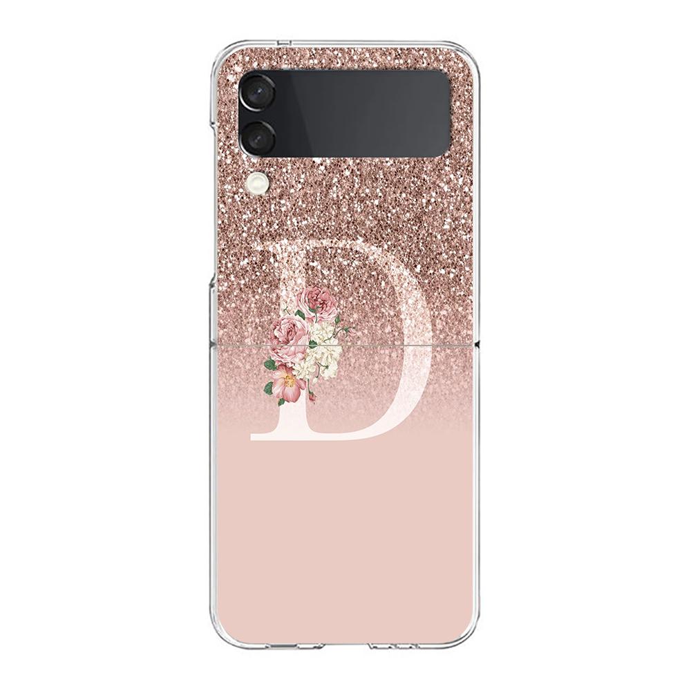 Letter Pink Shiny M R Phone Case For Samsung Galaxy Z Flip 3 4 5 Hard Folding Clear PC Bumper For Samsung Z Flip 6 Cover