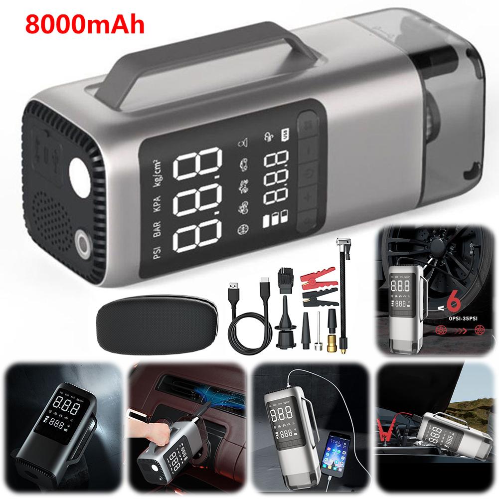 Jump Starter Vacuum Cleaner Electric Tire Pump with Light USB Rechargeable 8000mAh Bicycle Air Compressor for Car Tires