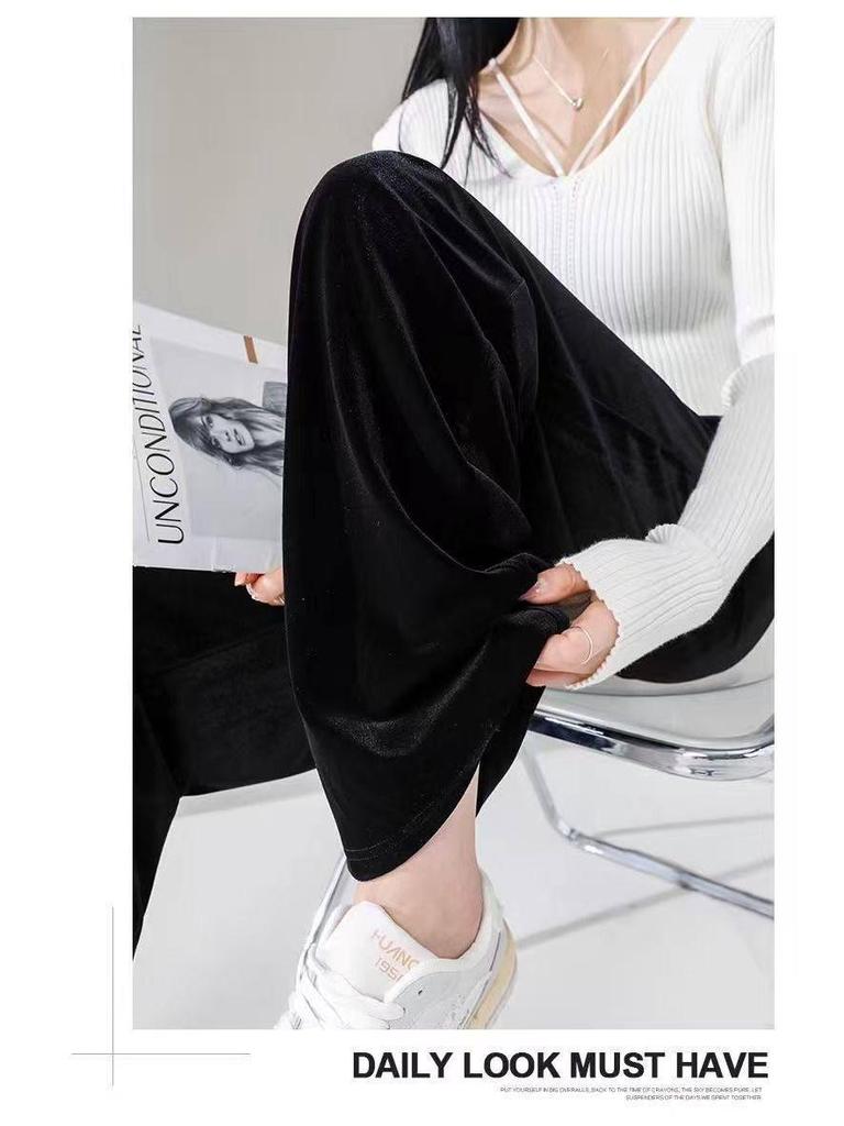 Women's Gold Velvet Wide-Leg Pants - Autumn/Winter 2025 High-Waisted, Plus Size, Elegant Drape Style