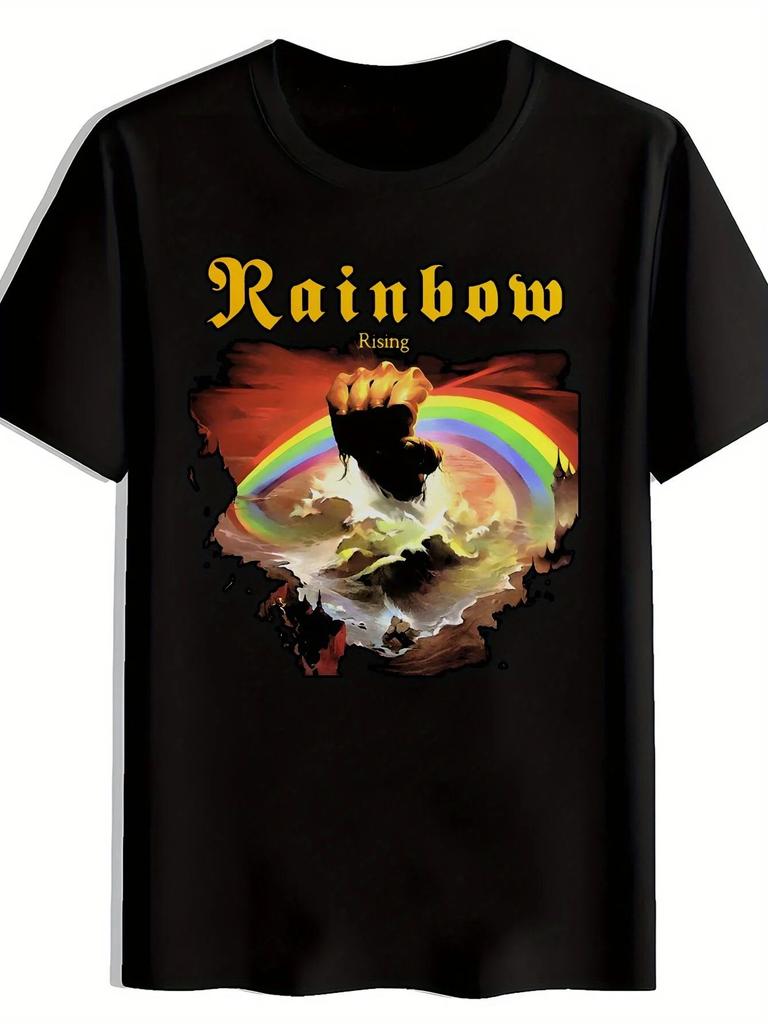 Y2K Punk T Shirts Retro Rock Band Graphic T-Shirt Rainbow Rising Design with Fist Rainbow Black Crew Neck Short Sleeve Tee