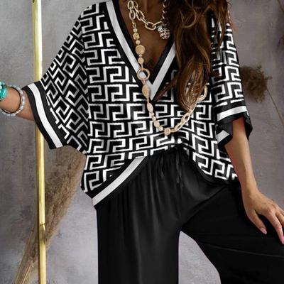 European and American Style Women's Printed Bat Sleeve Top and Wide-Leg Pants Set