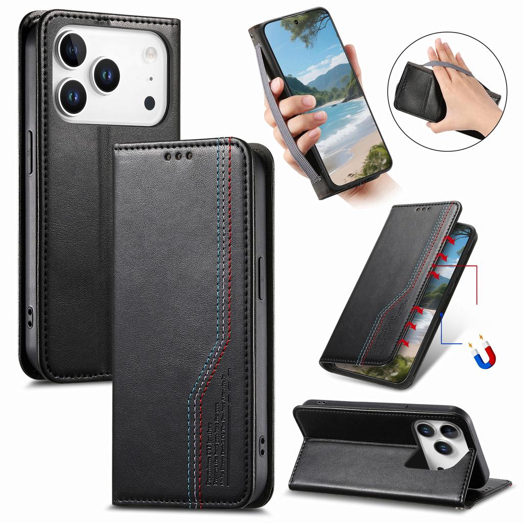 For iPhone 17 Pro Case Wallet Tri-Color Stitching Leather Phone Cover with Elastic Wristband
