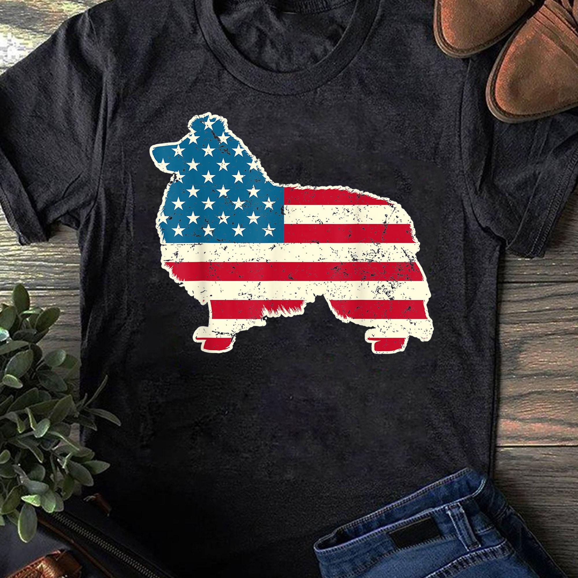 Shetland Sheepdog 4th of July Men USA American Flag Sheltie T Shirts Cotton Tops S чёрный