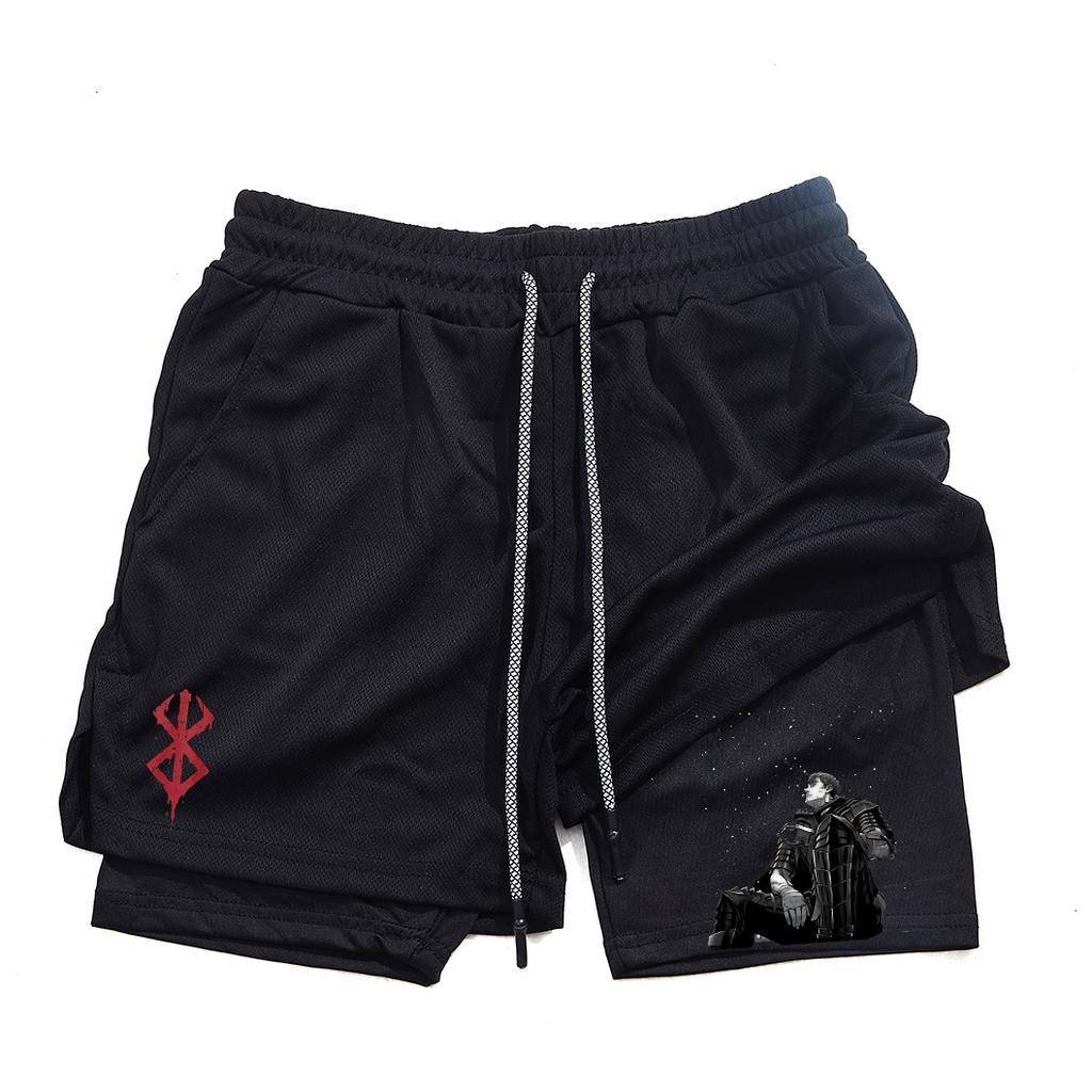 Pantalones cortos de gimnasio para hombre, ropa deportiva 2 en 1 de Anime para correr, trotar, entrenamiento, Yoga, baloncesto