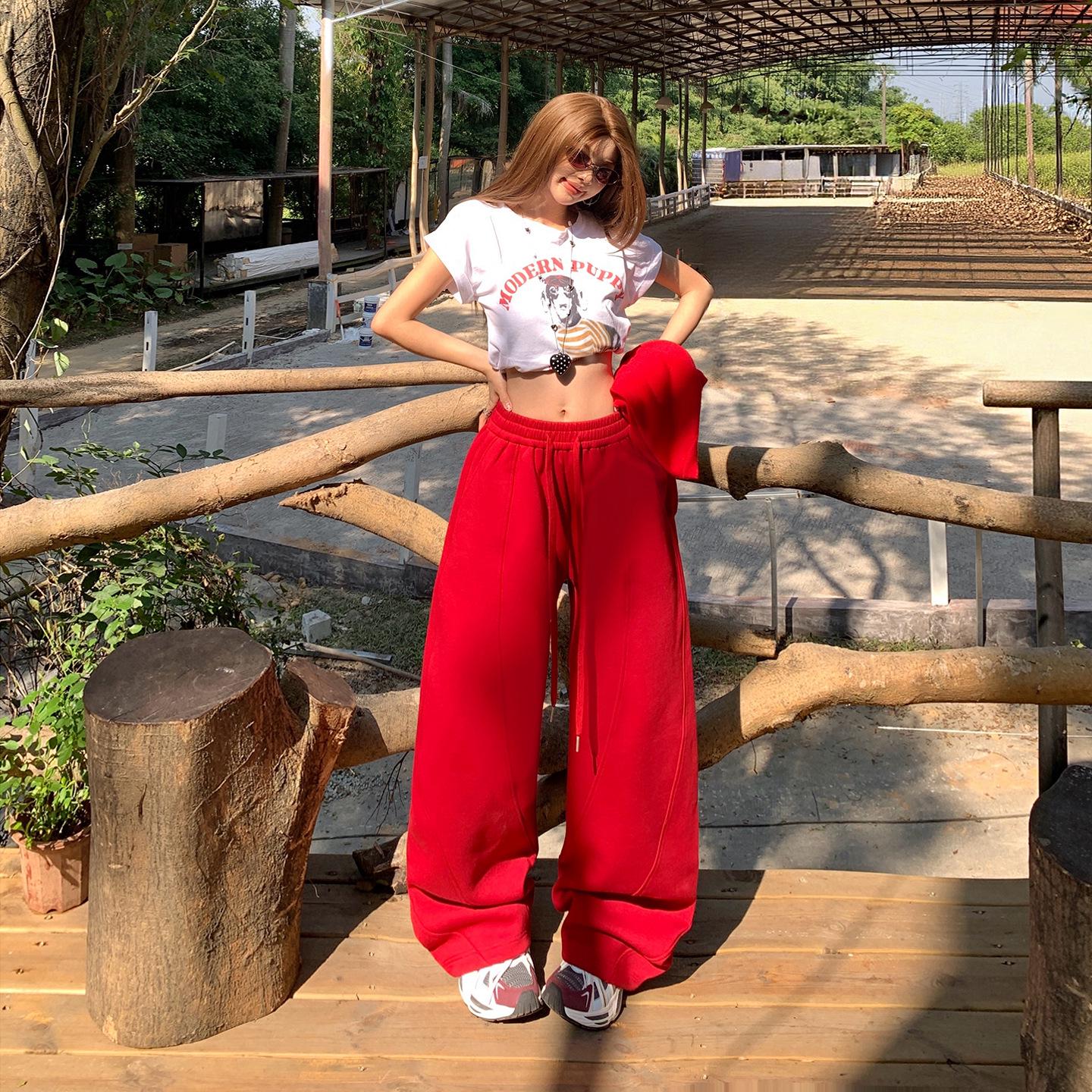 

Red Retro Wide-Leg Drawstring High Waist Tapered Pants - Women s Spring 2026 Collection XS