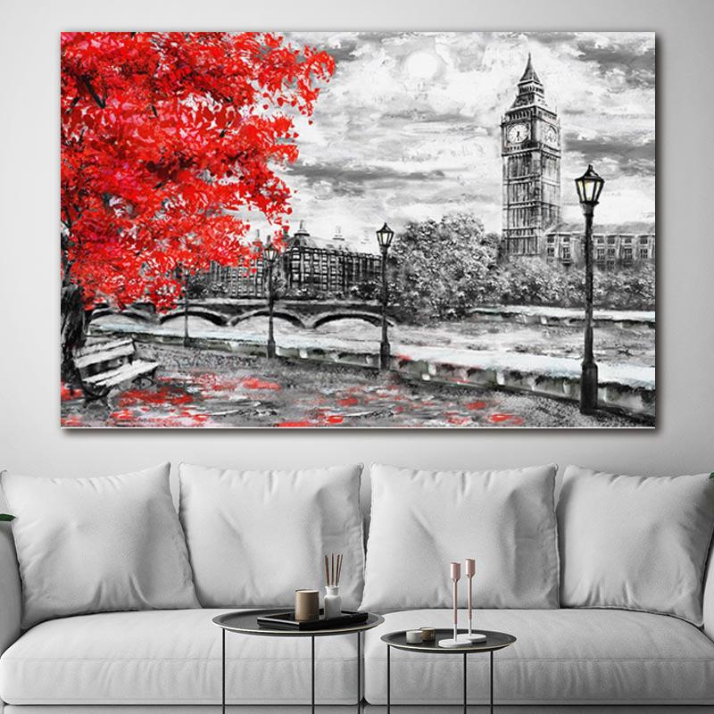 Solid Wood Frame Rain City Street Scenery Paris Canvas Painting Landscape Red Tree Yellow Car Pictures For Living Room Wall Art Decor