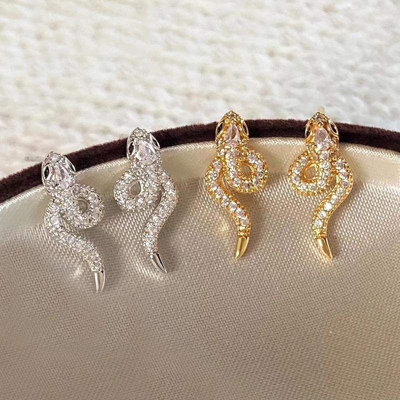 PONYKISS Sterling Silver 18K Gold Zircon Twisted Snake Stud Earrings for Women Mini Cute Fine Animal Accessories