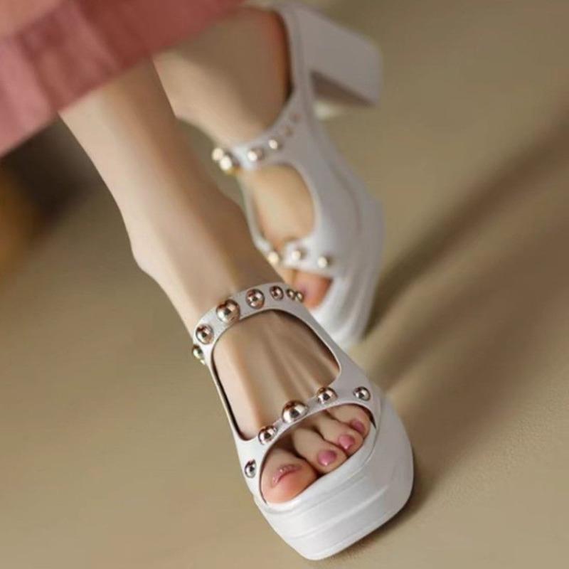 

Новые женские туфли из натуральной кожи с круглым носком на платформе и толстом высоком каблуке, модные женские тапочки с заклепками, лето-весна, зеленый цвет 35 бежевый