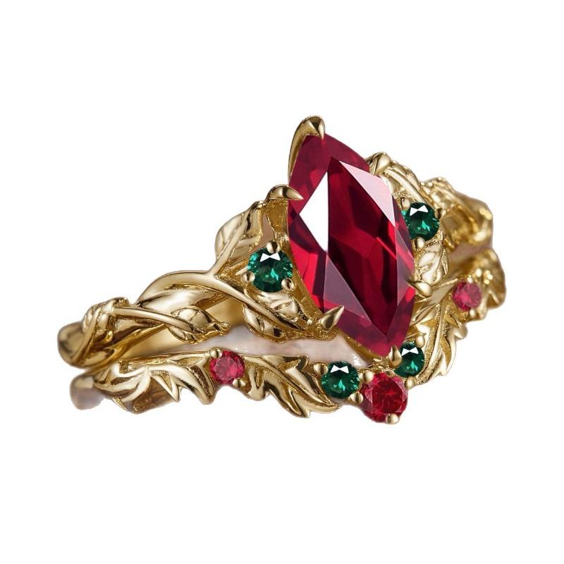 Court Style Red Horse Eye Zircon Ring Gold-plated Inlaid Colored Diamond Pair Ring, Branch Set Ring Female