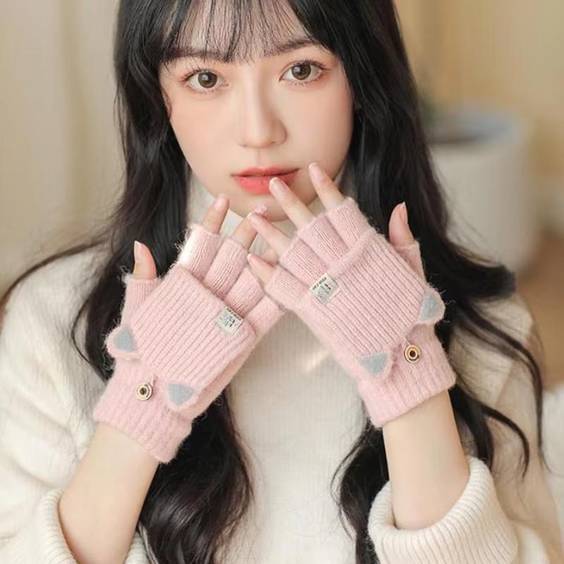 Winter Women Knitted Gloves Thick Woolen Female Mittens Cute Flip Fingerless Exposed Finger Girl Gloves For Cycling Hand Warmer