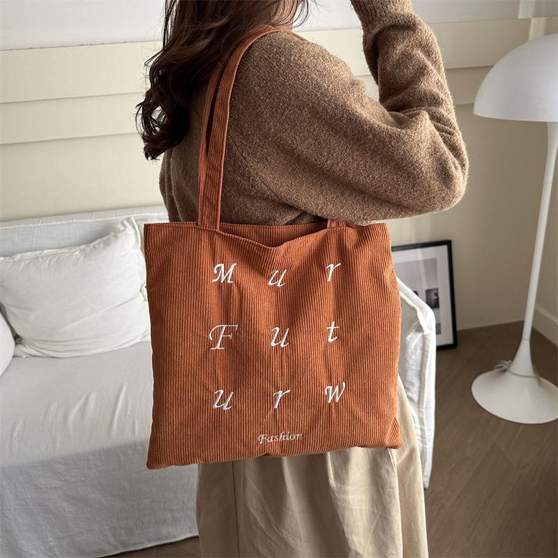 Korean Corduroy Embroidered Tote Bag for Students - Artistic Autumn/Winter Design