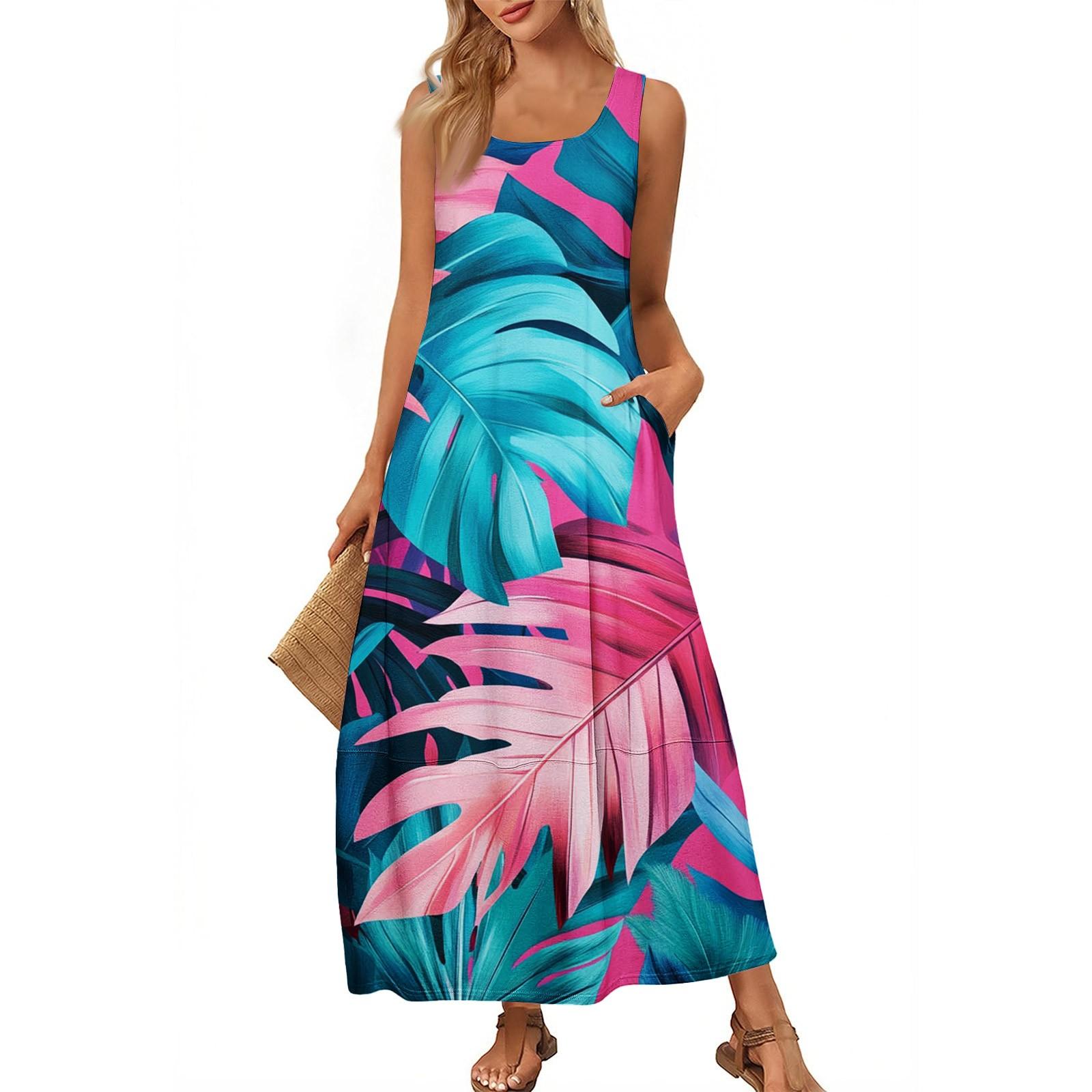 Women s Casual Long-length Sundress Summer Beach Dress Round Neck Sleeveless Loose Sundress L