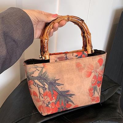 Ethnic Floral Canvas Bags for Women Feminine Tote Wooden Handle Bucket Bag Print Design New Fashion