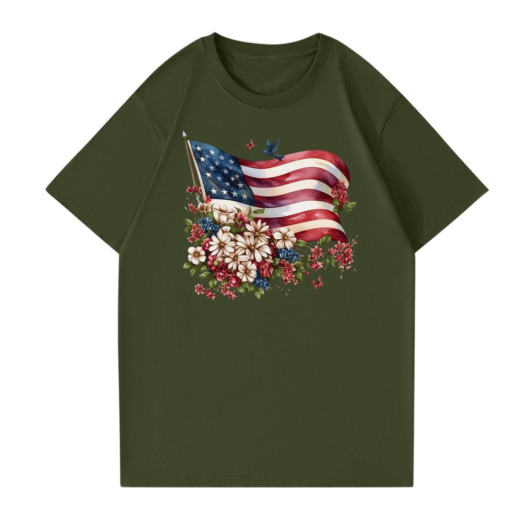 Women's Fashion Independence Day  Printed Round Neck Short Sleeved Casual T-shirt Top