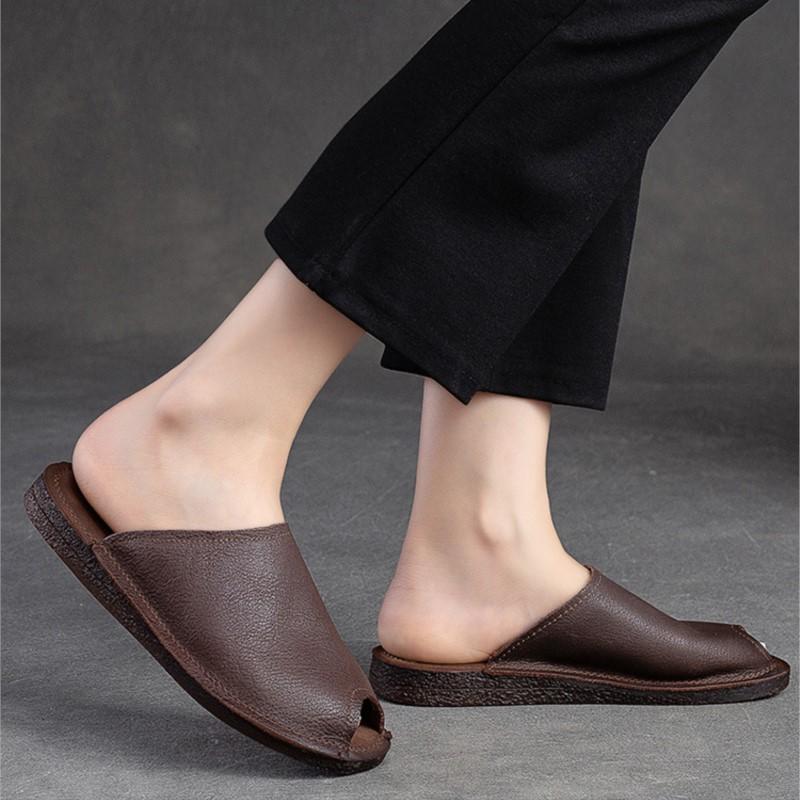 Johnature Pantofole piatte traspiranti con suola morbida Ciabatte aperte vintage in vera pelle Scarpe da donna versatili
