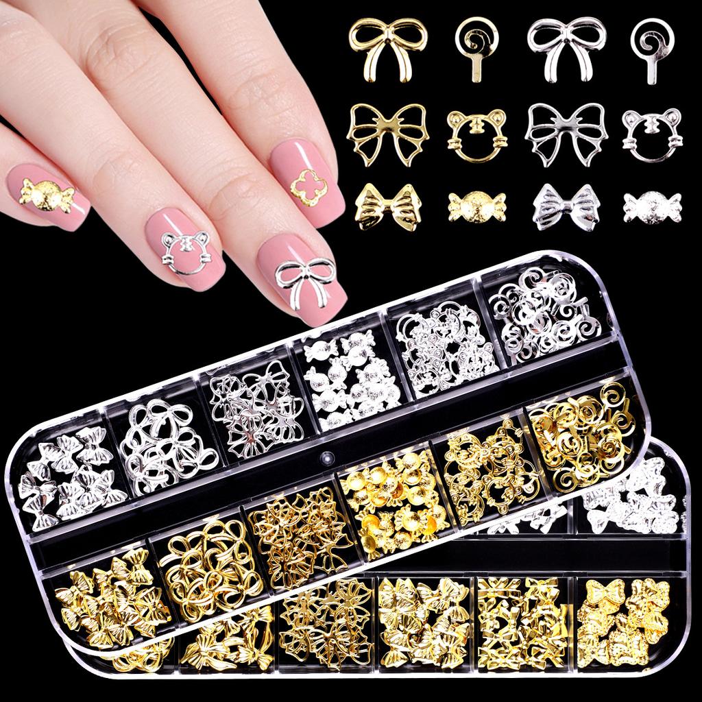 Japanese Bow Strip Box, Gold And Silver Nail Art Rivets, Half A Piece, Round Beads, Small Rice Grains, Butterfly Metal Nail Patch.