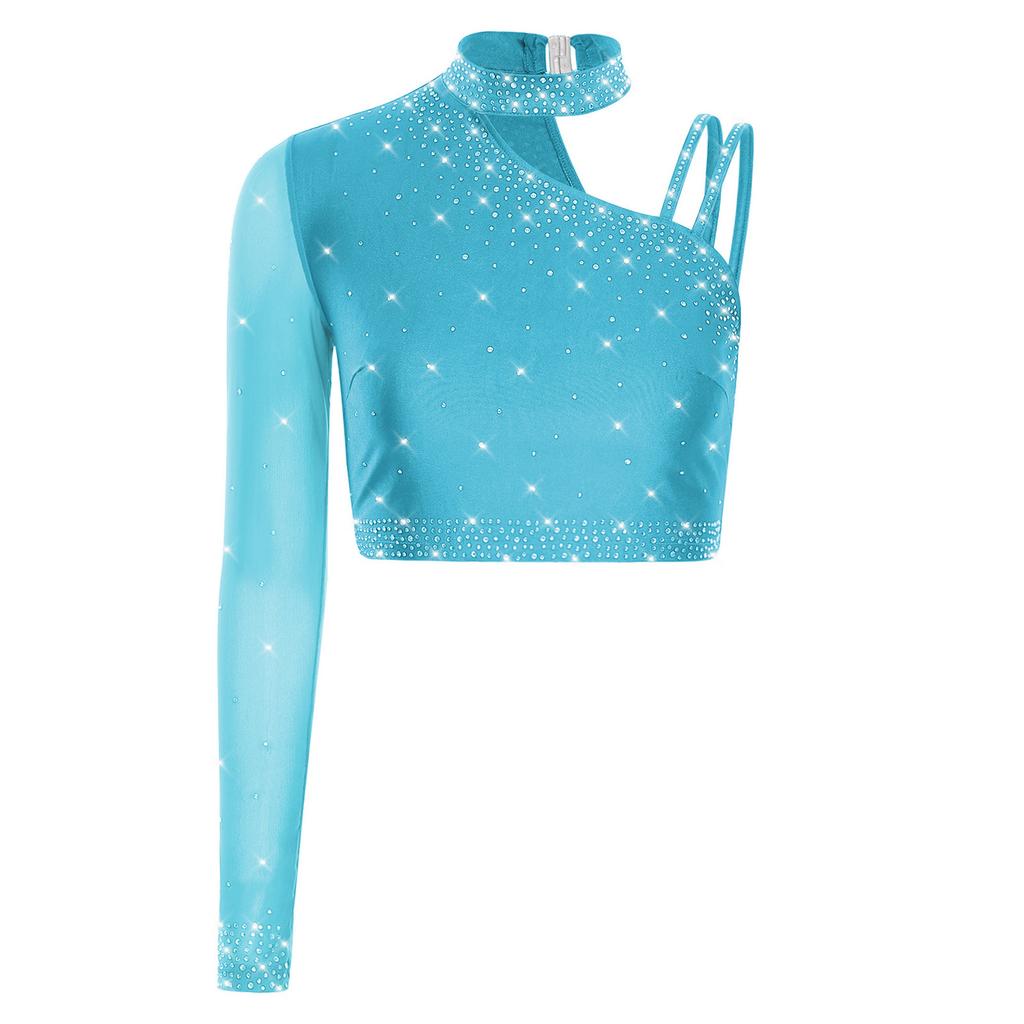 Womens Latin Dance Crop Top Single Long Sleeve Asymmetrical Shoulder Sparkly Rhinestone Top Belly Dancewear