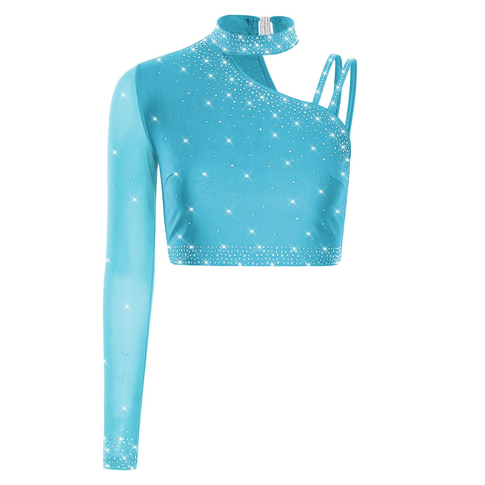 

Жіночий латиноамериканський танцювальний кроп-топ з одним довгим рукавом, асиметричним плечем, блискучий топ зі стразами, одяг для танцю живота S небо синє кольору