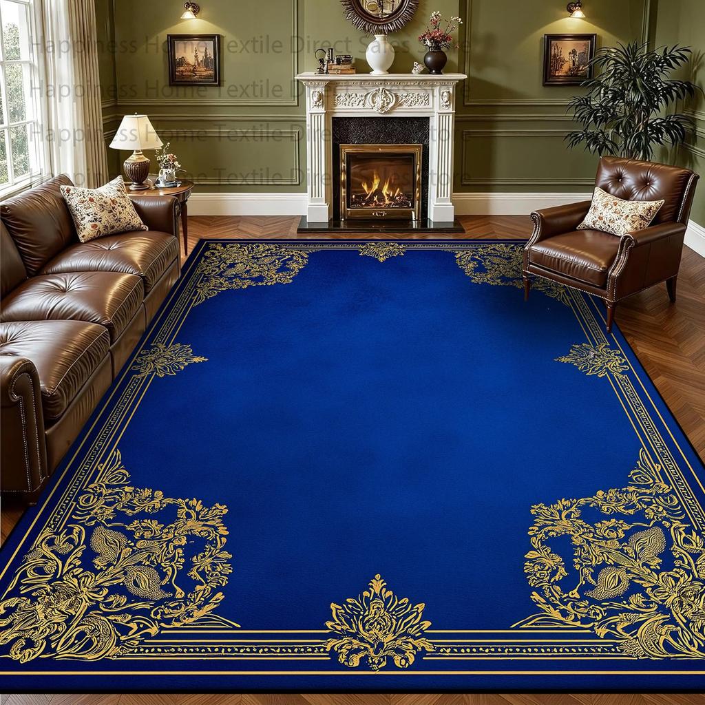 Persian Retro Large Living Room Sofa Carpet Blue-gold Washable Antiskid Decoration Bedroom Rug Soft Luxury Large Area Study Mat