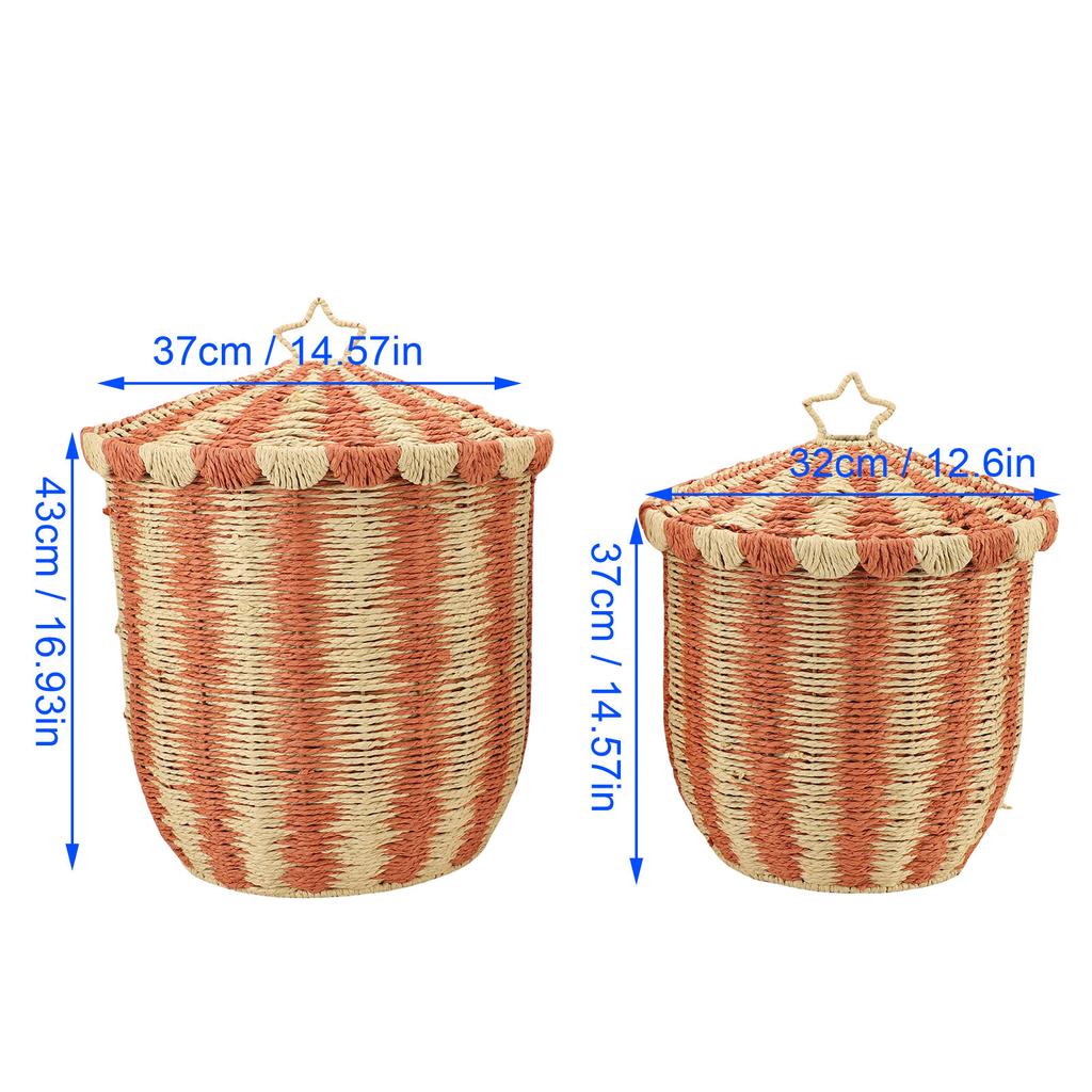2 STÜCK Gewebter Aufbewahrungskorb mit Deckel Stabiles Eisengestell Rot Vintage Dekorativer Rattan-Bodenkorb für Kleidung Decke Spielzeug Snack