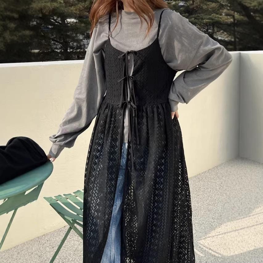 

Korean Chic Lace See-Through Strappy Dress & Tie Cardigan - 2026 Spring/Summer Collection for Women One Size чорний