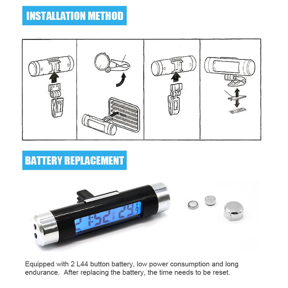 2 In 1 Car Clock Temperature Meter Gauge   Outlets Clip-on LED Digital Display Thermometer with Blue Backlight 12HCelsius24H  Ing for Car Truck