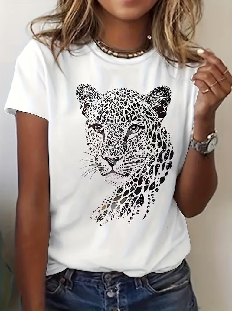 Leopard Print Short Sleeve Tee Realistic Style Casual Summer Top Lightweight Comfortable Versatile for Women Travel Commute