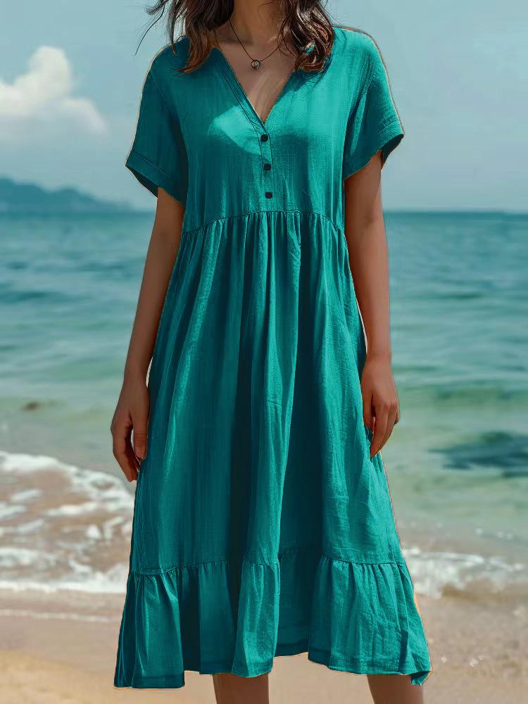 2026 Spring/Summer European & American Women's Solid Color Pleated Short Sleeve Fashion Dress