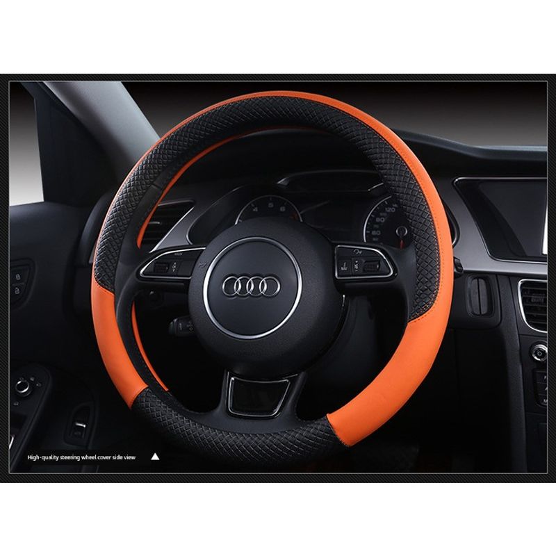 Wheel Cover, Universal for All Seasons, Genuine Leather, Hand-Stitched, Non-Slip, Sports Leather Cover, Car Accessories, Modified Cartoon Handle Cover Black Orange