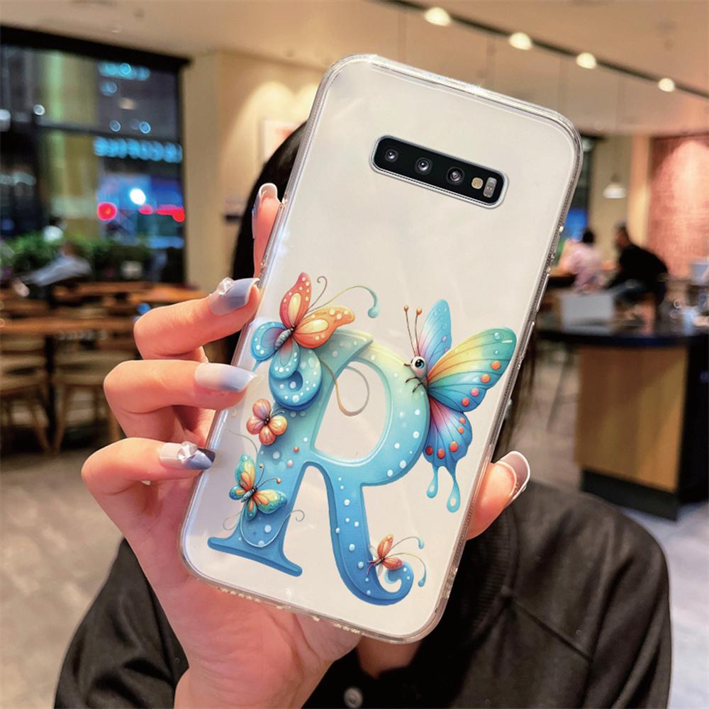 For Samsung Galaxy S10 Plus S10+ S10e Silicone Cover Transparent Clear Samsung s10 Cute Blue Butterfly Flower Letters Phone Case