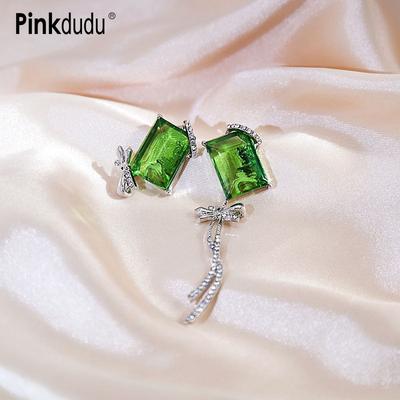 Fashion Asymmetrical Green Block Rhinestone Drop Earrings Romantic Creative Bow Tassel Earring for Women Jewelry PD1395