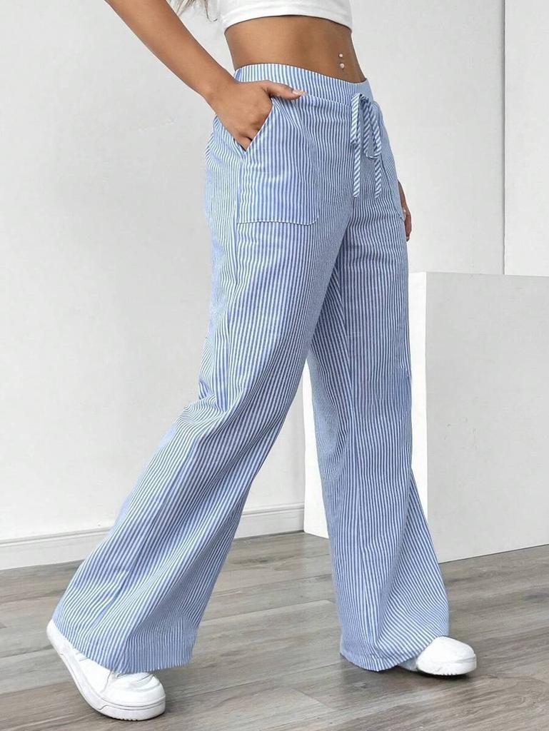 Women's Striped Drawstring Waist Wide Leg Pants in Multiple Colors