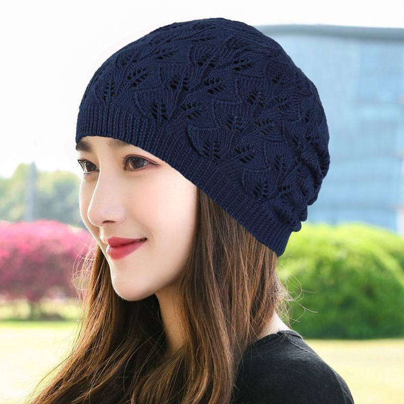 

Hat Women s Thin Single Layer Knitted Hat Spring and Autumn Cut Out Woolen Cap Short Breathable Sleeve Cap Cover Gray Hair Cap Navy blue (Cut Out Willow cap) short single layer